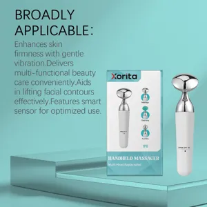 Vue détaillée du masseur facial portable avec rouleau argenté lisse et prise en main ergonomique.
