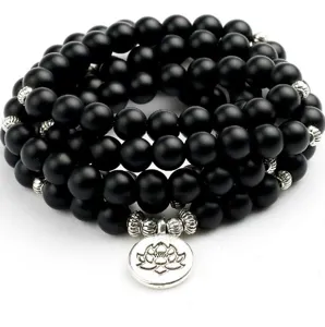 108 perline bracciale preghiera buddista in agata nera opaca con ciondolo loto chic