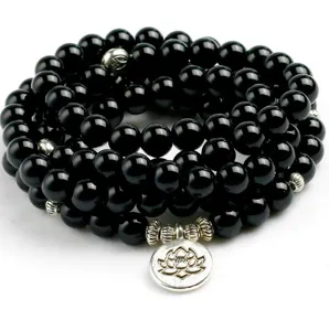 Natuurlijke Zwarte Agaat Steen Gebetskraal Armband En Ketting Met Legering Lotus Boeddha OM Hanger Yoga Mode Sieraden
