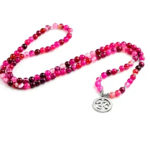 8mm 108 Kralen Roze Agaat Mala Yoga Halsketting met Legierung OM Hanger Vrouwen Sieraden