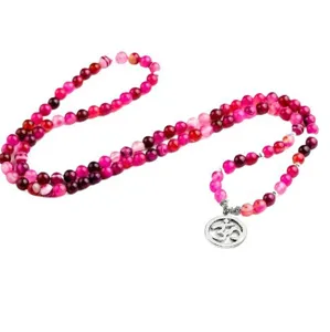 Roze Agaat Kralen Ketting Yoga OM Hanger Edelsteen Sieraden 108 Kralen Spiritueel Cadeau