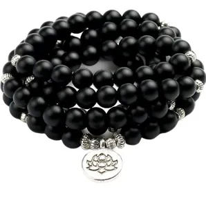 Bracciale mala perle nere 108 perline con ciondolo loto meditazione yoga gioielli