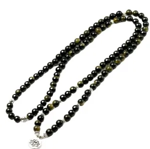 Collier de perles d'obsidienne doree naturelles 108 perles avec pendentif lotus priere