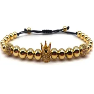 Mens Crown Beaded Bracelet Alloy Copper Bead Rhinestone Woven Adjustable Hand Chain Fashion Jewelry Gift