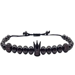 Black Micro Pave Zirconia Crown Beaded Adjustable Braided Bracelet For Men And Women