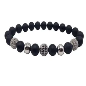 Matte black and silver beaded bracelet with pave cubic zirconia balls for daily wear.
