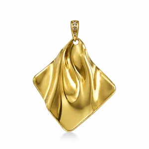 Premium gold plated geometric diamond pendant featuring elegant wavy texture and cz bails