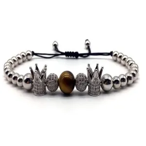 Mens Crown Tiger Eye Stone Beaded Bracelet Micro Inlaid Zircon Alloy Charm Braided Adjustable Fashion Jewelry Gift