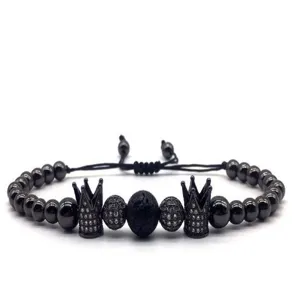 Black crown lava stone bead bracelet detail, micro-pave zirconia, adjustable braided cord.