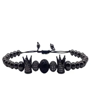 Black crown lava stone beaded bracelet, micro zirconia charm braided adjustable jewelry for men.