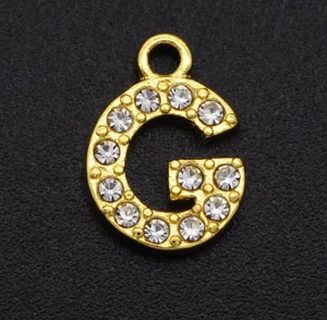 Gold plated alloy letter G pendant with clear rhinestones, perfect for DIY jewelry making.