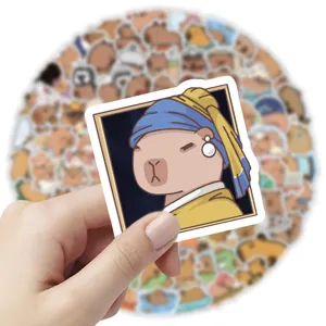 Detail view of cute capybara sticker, aesthetic cartoon animal waterproof vinyl decal design.