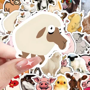 Cute farm animal stickers detail view, cartoon sheep and pig waterproof DIY sticker set.