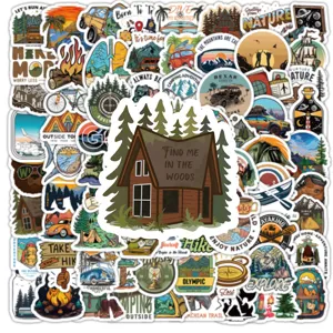 Waterproof outdoor travel stickers pack, adventure hiking nature decals for journals and laptops.