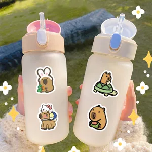 Cute capybara and cartoon stickers on frosted water bottles, perfect for daily use and decor.