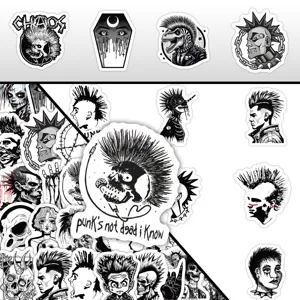 Black and white punk rock gothic graffiti sticker pack for skateboard laptop decor.