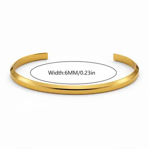 Elegant minimalist gold-tone stainless steel 6mm open cuff bracelet for men jewelry.