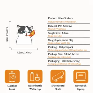 Waterproof cartoon cute kitten stickers detail view, PVC adhesive sticker for journal and laptop.