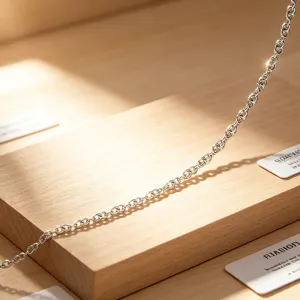 Detailed close-up of a minimalist stainless steel chain necklace with high-polish finish