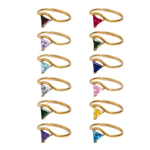 Set of 18K gold-plated stainless steel rings with colorful triangular birthstones