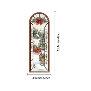 Christmas arched window bookmark detail view, winter snow scene illustration card for holiday gifts.