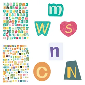 Detalles de pegatinas coloridas de letras y números, perfectas para diarios y manualidades.