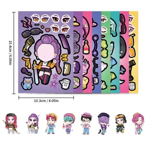 8 sheets DIY anime face changing puzzle stickers set, cute cartoon character dress up stickers.