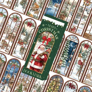 Christmas bookmark set with gift box and winter window scene art for daily reading notes.