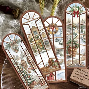 Christmas arched window bookmarks winter snow scene aesthetic holiday reading stationery gifts.