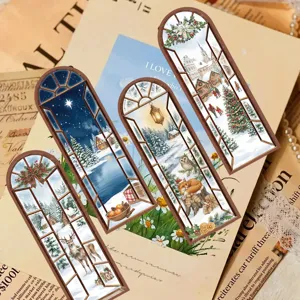 Christmas arched window bookmarks detail showing cute winter landscape illustrations.