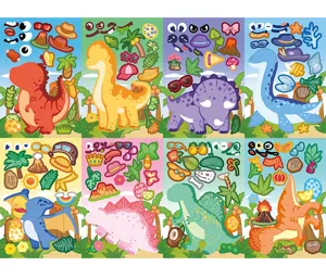 Close up of colorful cartoon dinosaur face changing sticker sheets with mix and match parts.