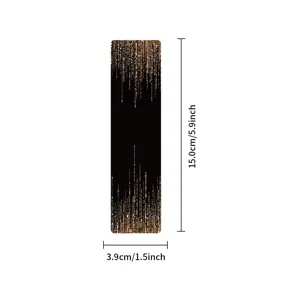 Vista detallada de marcapáginas de papel oscuro, diseño con purpurina negra y oro rosa, 15cm.