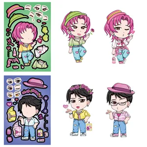 DIY anime chibi character dress up sticker sheets with interchangeable faces and cute outfits.