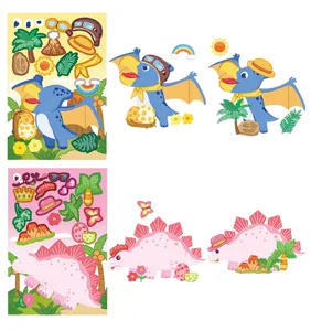 Kids DIY dinosaur face changing sticker set, cute cartoon puzzle toys for creative play.