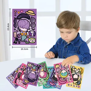 Close-up of DIY anime dress-up sticker sheets with cute cartoon characters for kids.