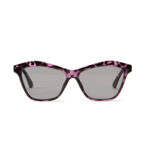 Stylish purple tortoiseshell irregular cat-eye sunglasses with classic grey lenses