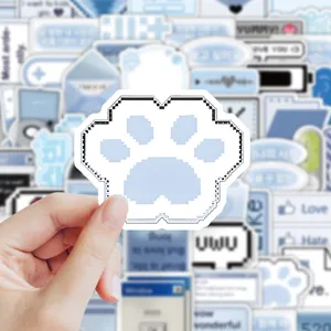 Cute light blue pixel paw sticker set, aesthetic retro internet UI elements vinyl decal pack.