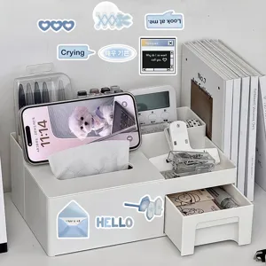 Multifunctional desktop organizer white storage box with drawer and phone stand for office desk