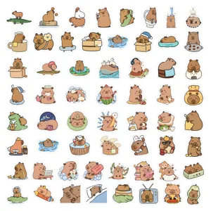 Cute cartoon capybara stickers set, funny animal waterproof vinyl decal for journal decor.