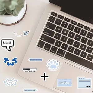 Aesthetic blue laptop stickers detail view, pixel art and cute text design for decoration.