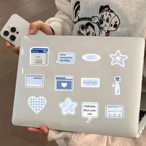 Aesthetic blue aesthetic stickers set for laptop decoration, vintage style indie vinyl decals.
