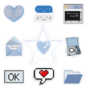 Blue aesthetic sticker set y2k retro indie wall decor waterproof cute journaling decals