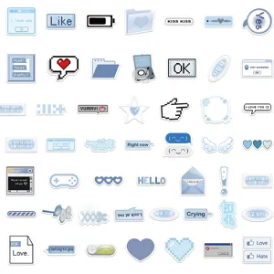 Detailed view of blue aesthetic aesthetic stickers pack, cute indie style waterproof laptop decals.