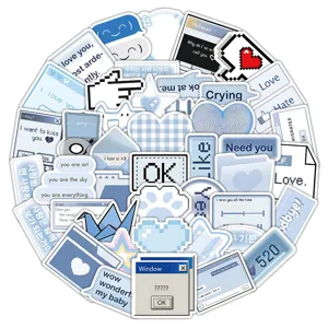 100 pcs blue aesthetic internet stickers pack, retro cute laptop journal vinyl decals