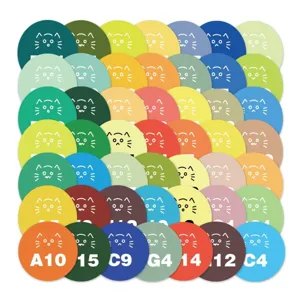Colorful round cat expression color card stickers with numbers, perfect for sorting and crafting.