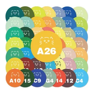 Close-up detail of colorful round perler bead color chart stickers with cute cat face design.