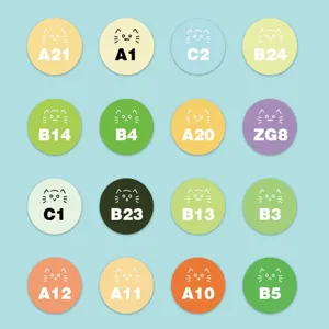 Closeup detail of pixel cat perler beads color chart stickers with various code numbers.