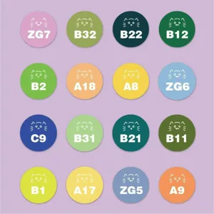 Detailed view of pixel cat round color card stickers showing various color codes and shades.