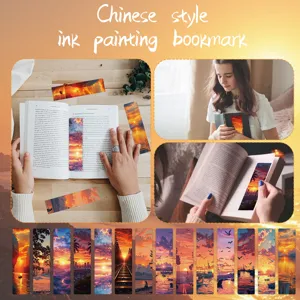 Marcador de libros de papel con paisaje de atardecer y vista detallada de ilustraciones.