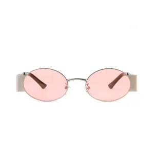 Occhiali da sole ovali retrò con montatura in metallo argento e lenti rosa sfumate.